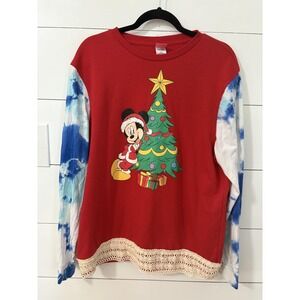 Upcycled Minnie Mouse Sweatshirt Women Large Red Christmas Tree Lace Hem Holiday